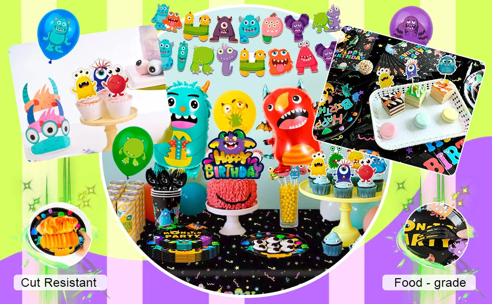 One-eyed monster Birthday Decorations,113 pcs One-eyed monster Party Supplies&Tableware Set-Plates Tablecloth Balloon Banner etc