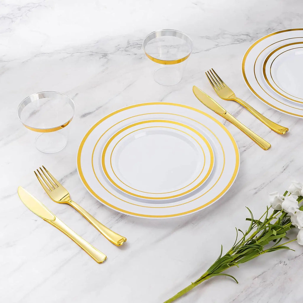 700 Piece Gold Dinnerware Set for 100 Guests, Disposable for Party, Include: 100 Gold Rim Dinner Plates, 100 Dessert Pl