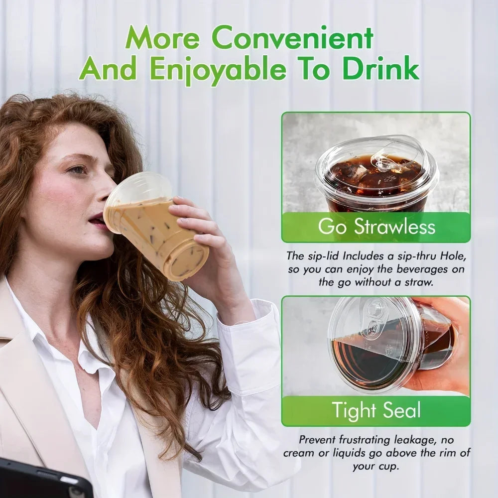 50Set Plastic Cold Drink Cups with Strawless Sip Lids BPA Free Disposable Cups for Iced Coffee And Cold Beverages