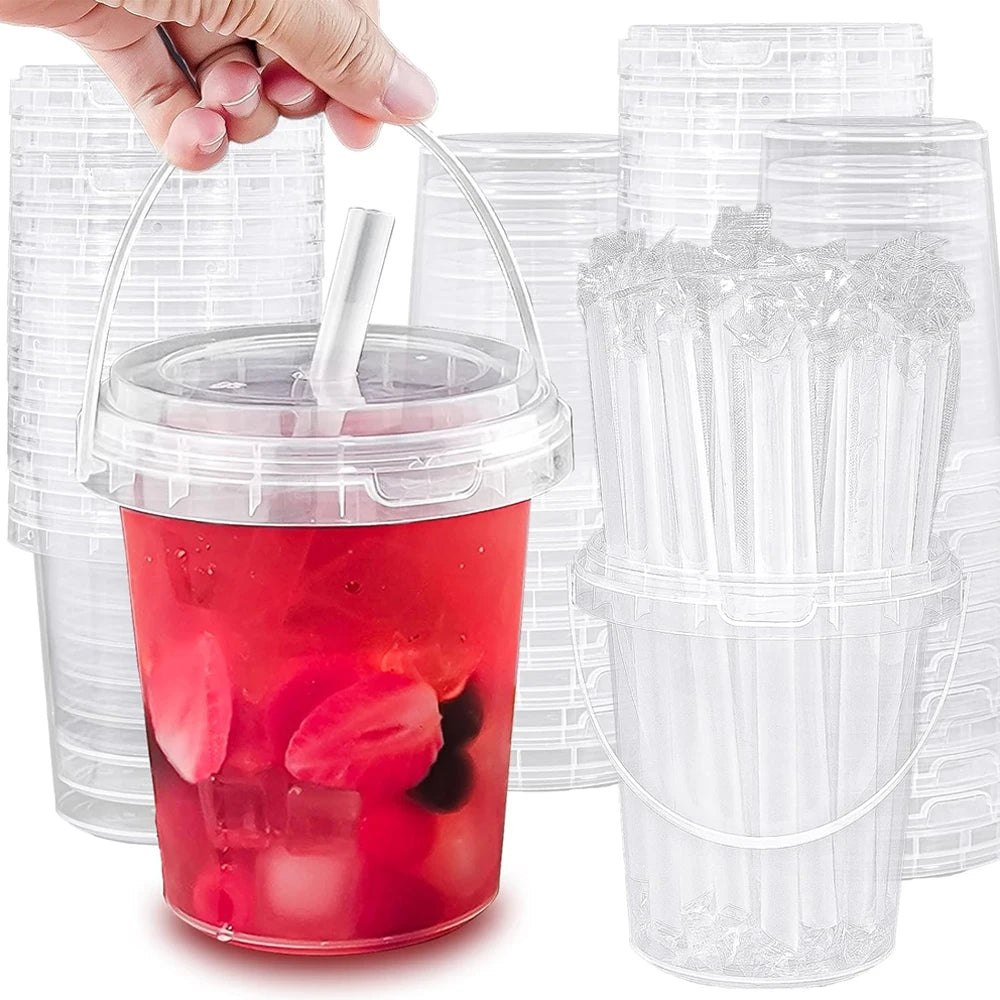Plastic Cups with Lid and Straw,Disposable Coffee Cups with Lids for Iced Coffee,Smoothie,Milkshake,Cold & Hot Drinks, Sturdy