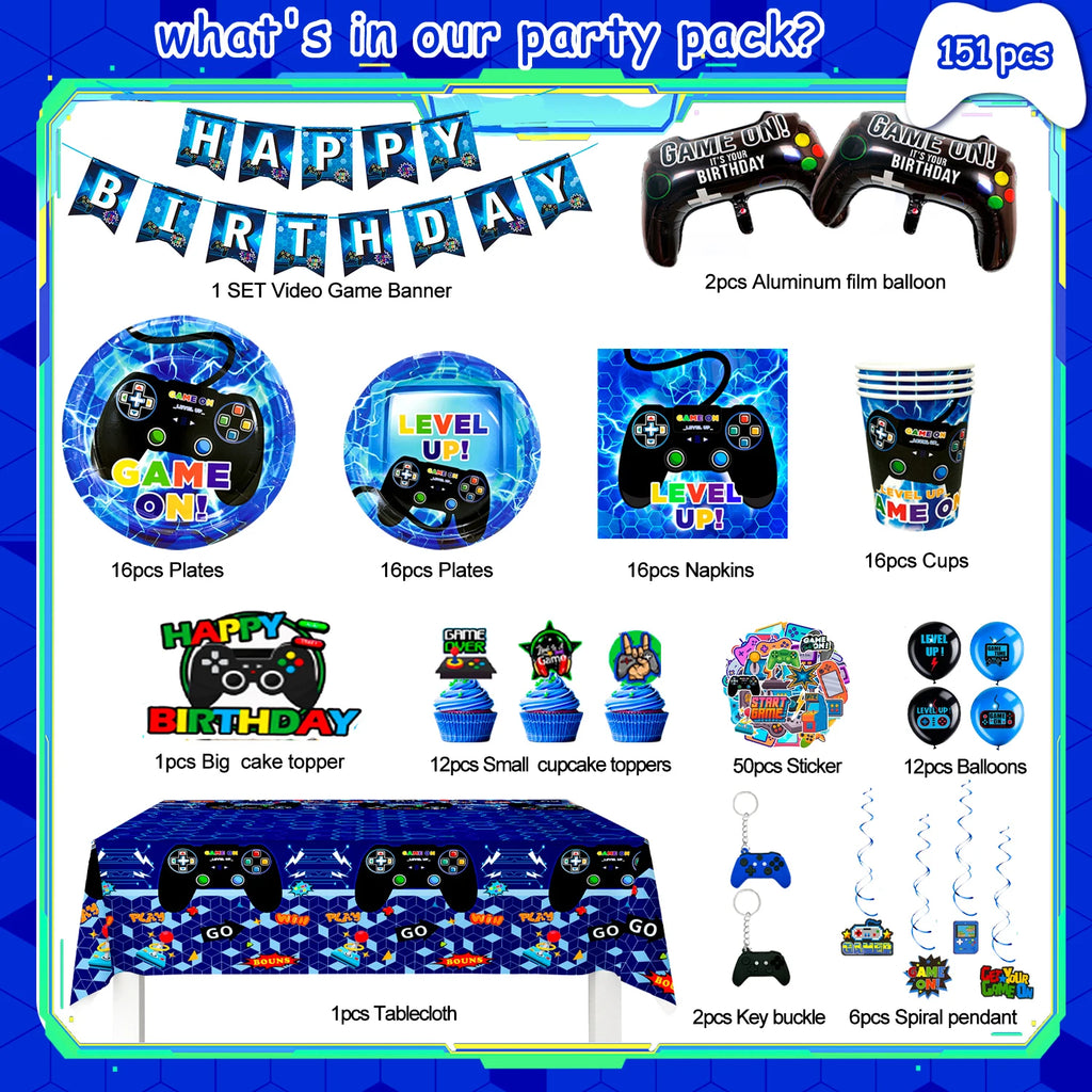 151 Pcs Video Game Party Decorations&Tableware-Video Game Party Plates Tablecloth Balloons etc Video Game Birthday Decorations