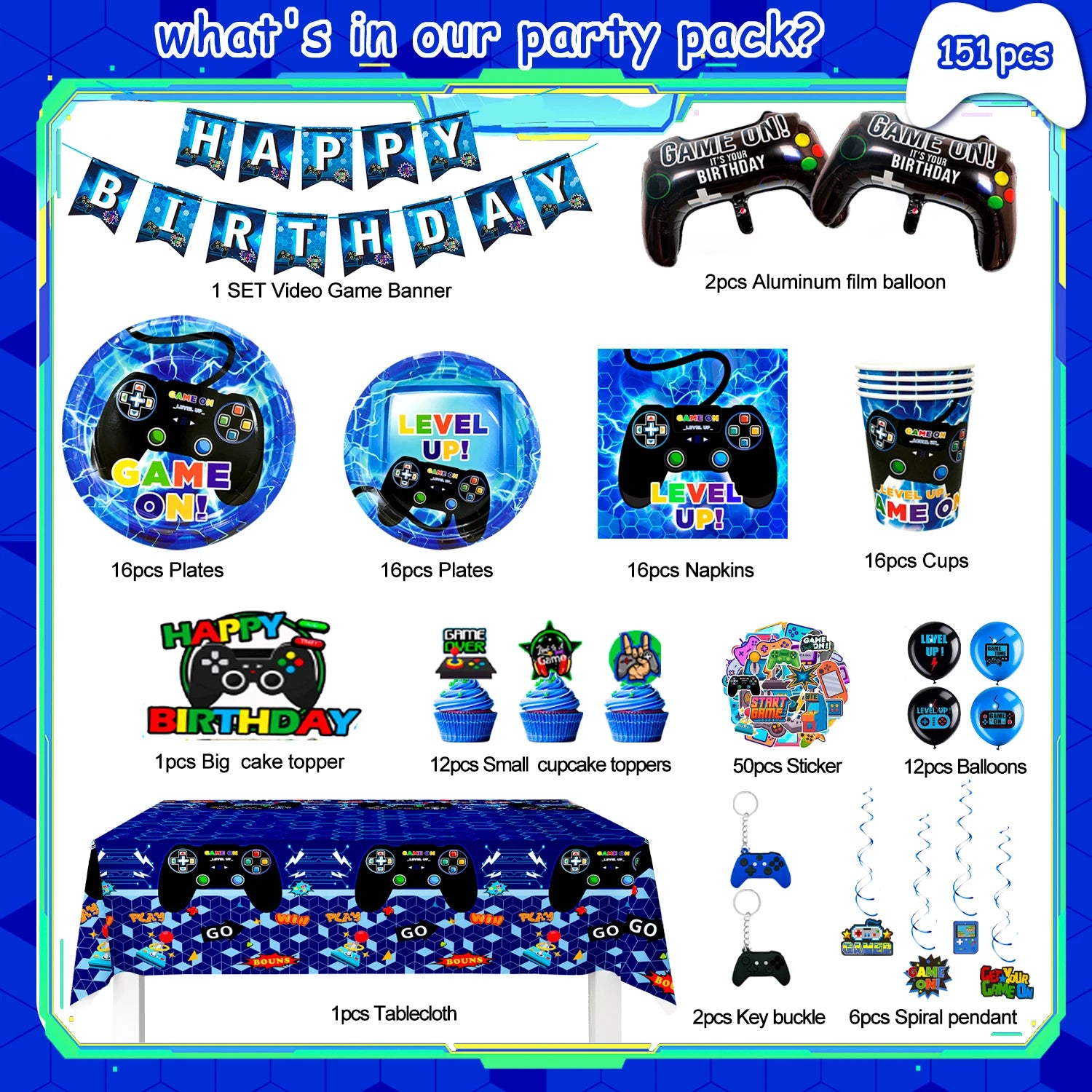 151 Pcs Video Game Party Decorations&Tableware-Video Game Party Plates Tablecloth Balloons etc Video Game Birthday Decorations