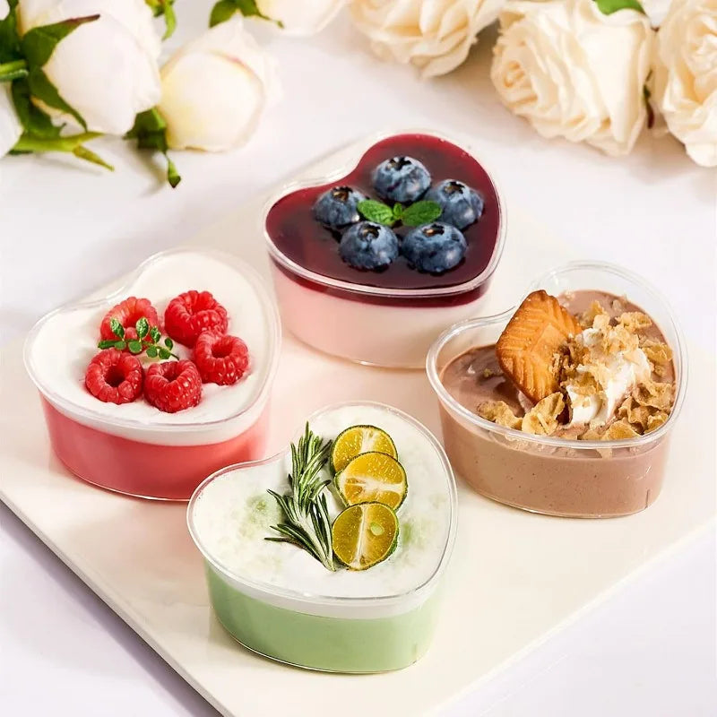 5/20x Disposable Plastic Cups with Lids Heart-shaped Clear Dessert Cup Pudding Container for Ice Cream Cake Fruit Yogurt Bowls