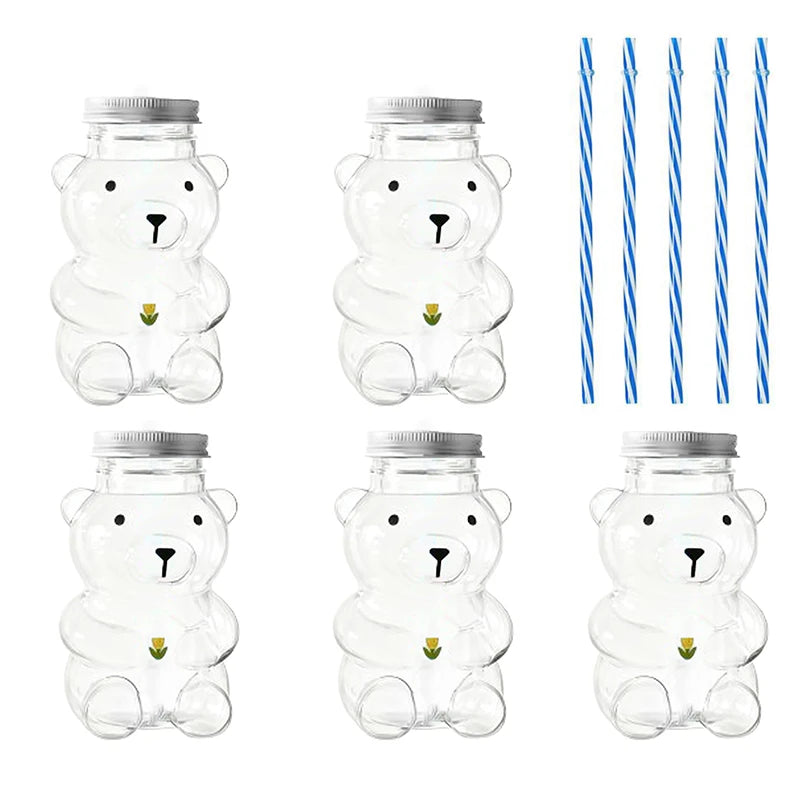 Plastic Bear Cup, Adorable Honeybear Mugs with Straws, Lidded Cups for Drinks