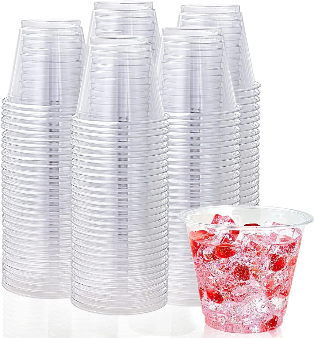 100 Pack 9 oz Clear Plastic Cups, 9 Ounce Disposable Plastic Drinking Cups, Crystal Clear PET Plastic Cups for Parties, Wedding