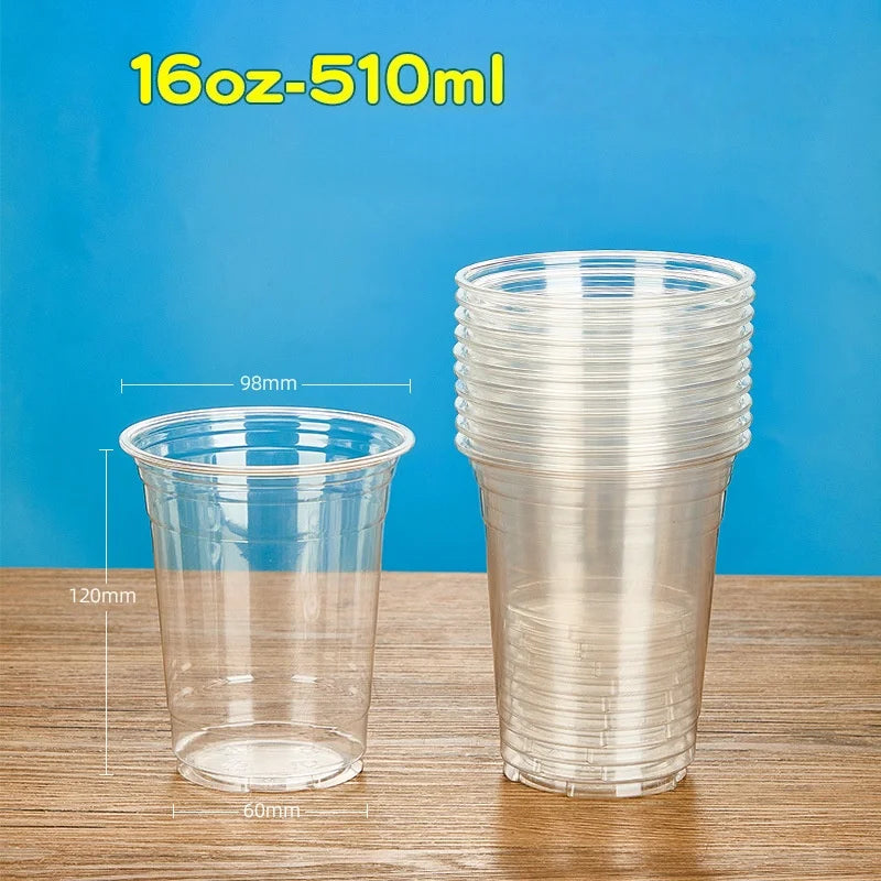 50PCS Disposable Plastic Cups with Lid Takeaway Ice Coffee Cold Drink Water Cups Takeout Transparent Cups for Shop Picnic Party