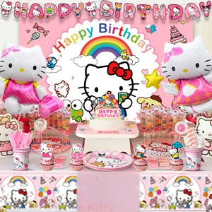 124 Pcs Sanrio Hello Kitty Party Decorations&Tableware-Kitty Plates Backdrop Balloon Banner etc Hello Kitty Birthday Decorations