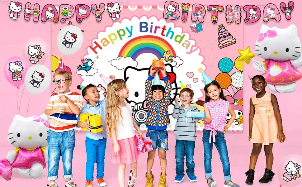 124 Pcs Sanrio Hello Kitty Party Decorations&Tableware-Kitty Plates Backdrop Balloon Banner etc Hello Kitty Birthday Decorations