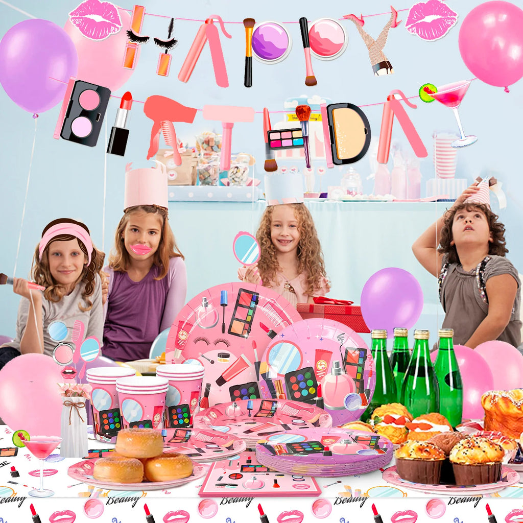Make-up Birthday Party Supplies,103pcs Spa Party Decorations-Makeup Plates Banner Balloon etc Makeup Birthday Party Decorations