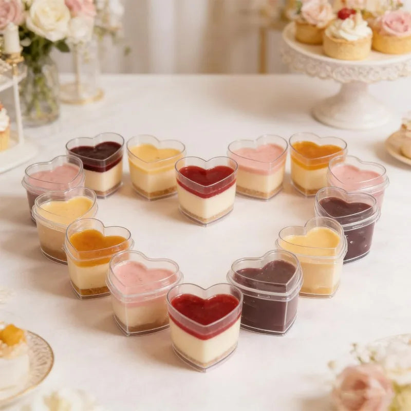 5/20x Disposable Plastic Cups with Lids Heart-shaped Clear Dessert Cup Pudding Container for Ice Cream Cake Fruit Yogurt Bowls