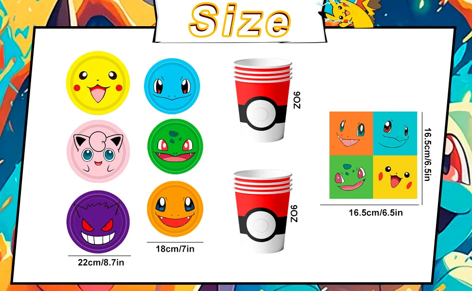 Pokemon Party Supplies,120 Pcs Pokemon Birthday Party Tableware Set-Pokemon Plates Napkins Cups etc Pokemon Birthday Decorations