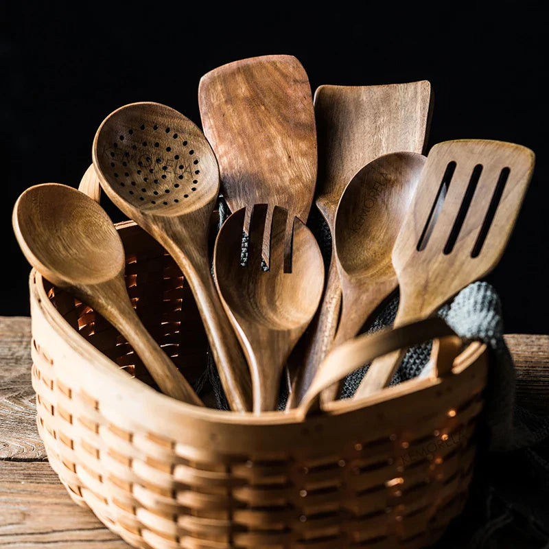 DecorBites 9-Piece Teak Wooden Cooking Utensils Set with Holder