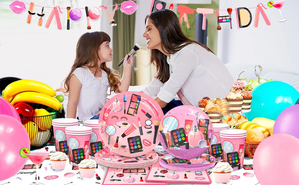 Make-up Birthday Party Supplies,103pcs Spa Party Decorations-Makeup Plates Banner Balloon etc Makeup Birthday Party Decorations