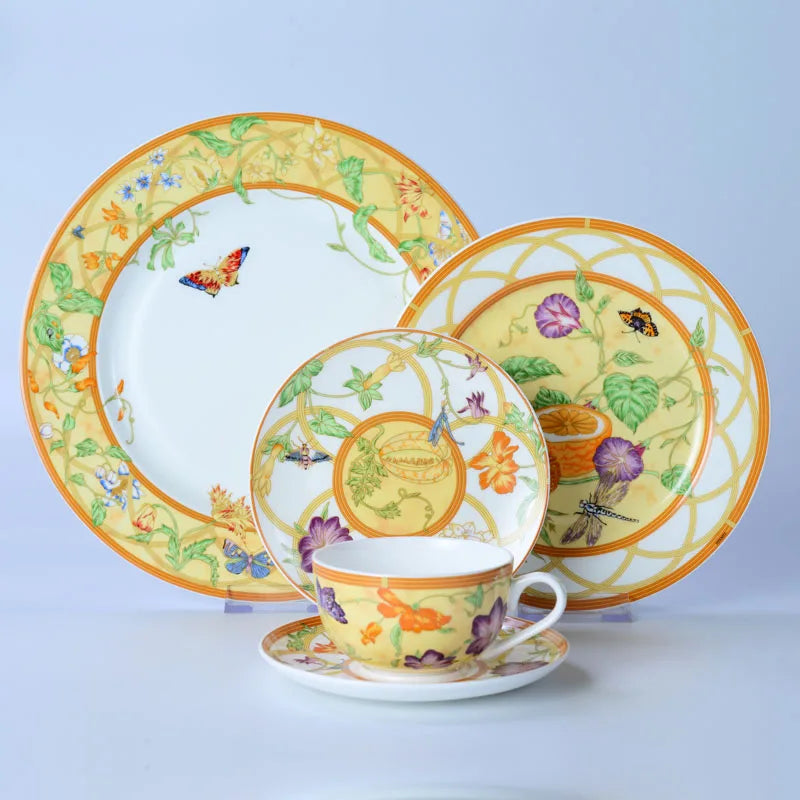 DecorBites Bone China Dinnerware Set – Plate, Tea Cup, Saucer & Tray