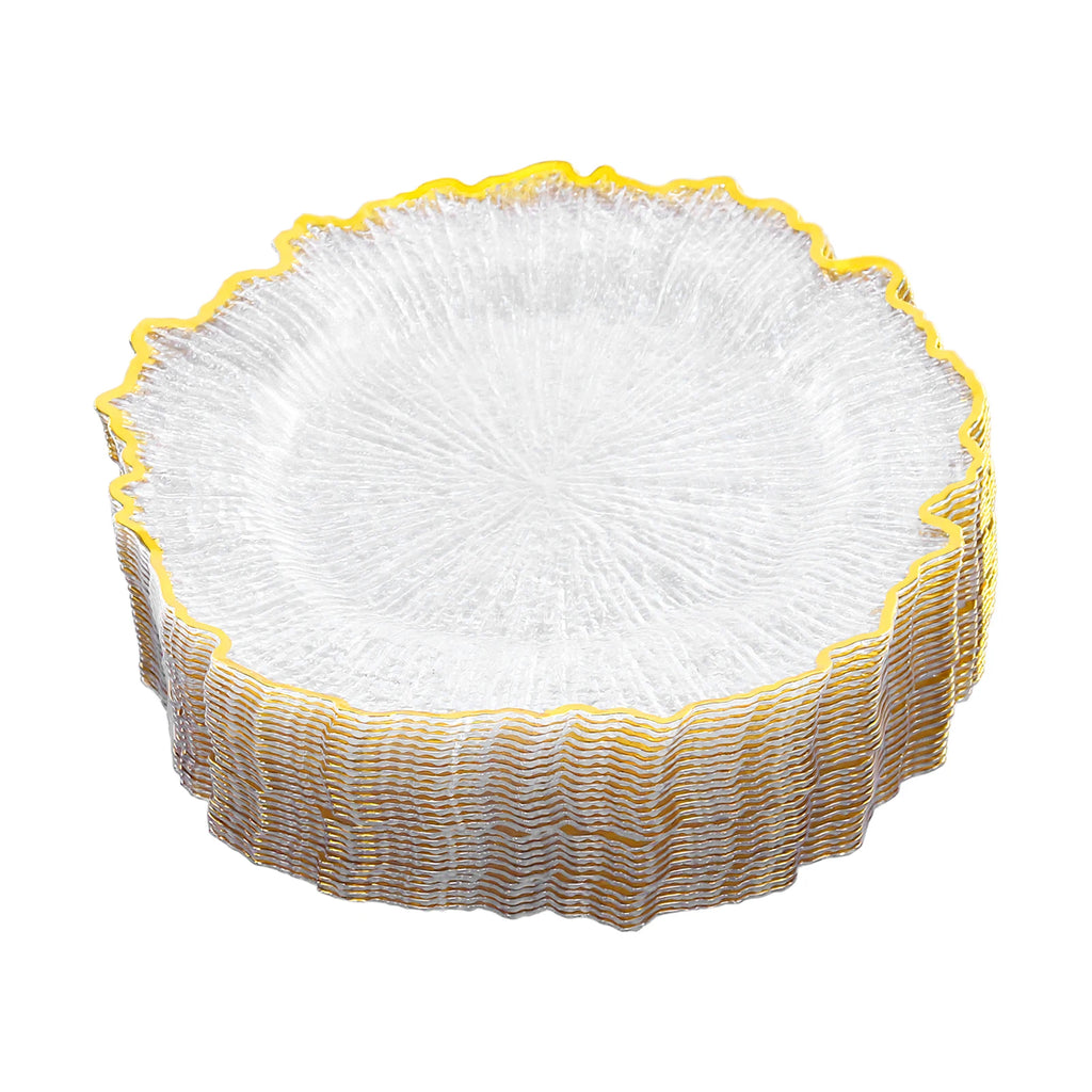 Serving Charger Plates 25 Pack Gold Rim Transparent Plastic 32cm for Wedding Birthday Holiday Party Dessert Display Easy Clean