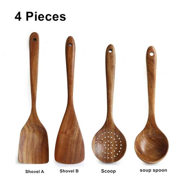 DecorBites 9-Piece Teak Wooden Cooking Utensils Set with Holder