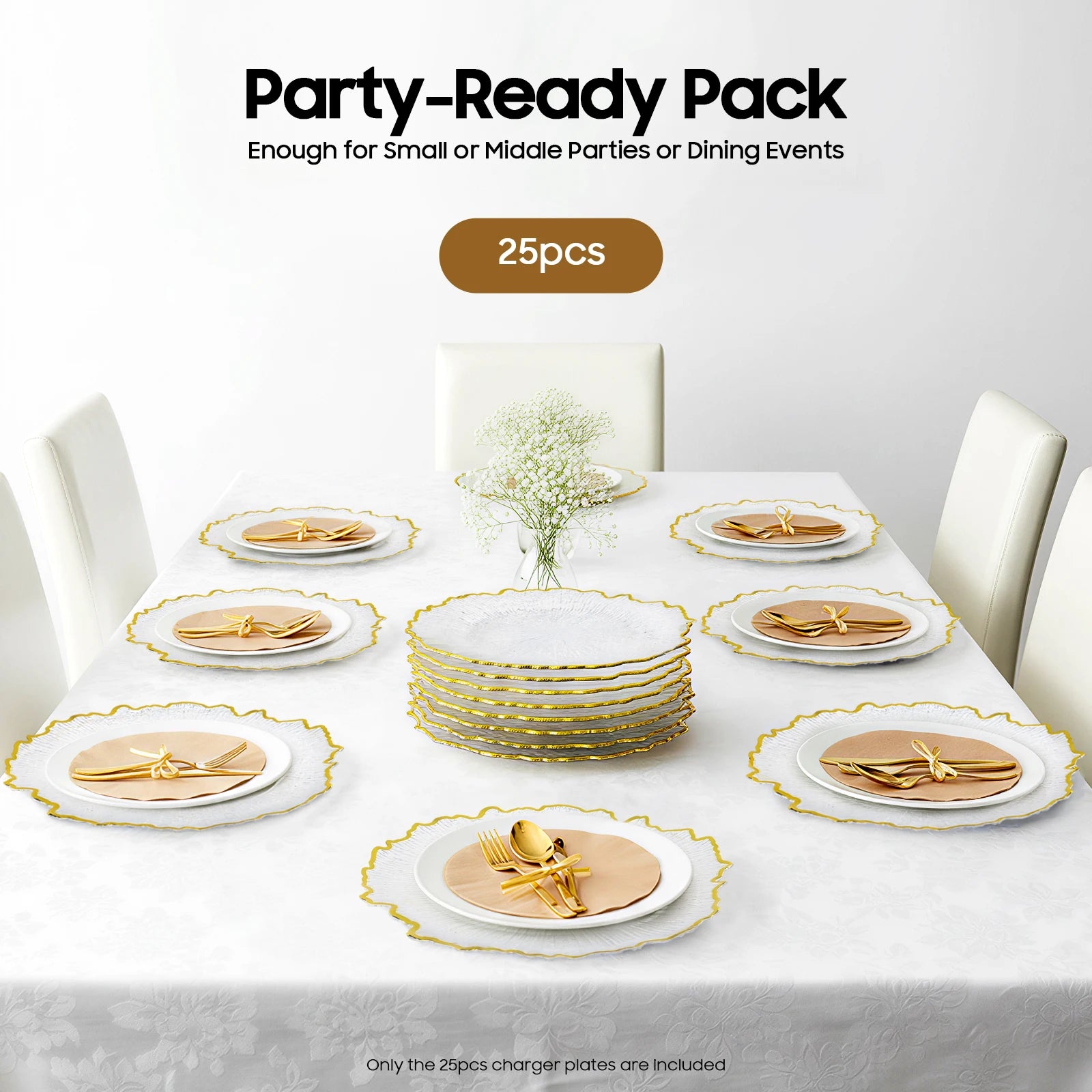 Serving Charger Plates 25 Pack Gold Rim Transparent Plastic 32cm for Wedding Birthday Holiday Party Dessert Display Easy Clean