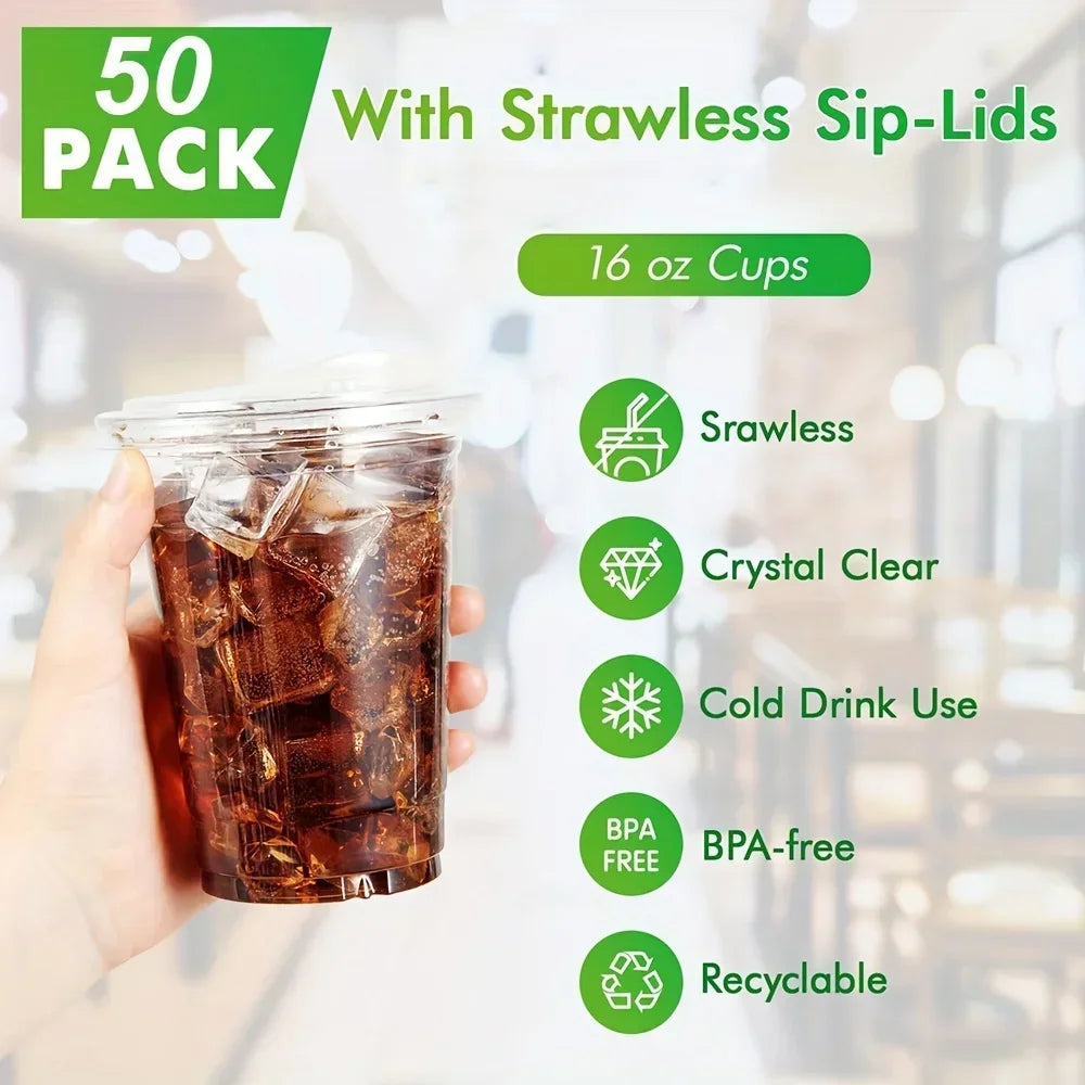 50Set Plastic Cold Drink Cups with Strawless Sip Lids BPA Free Disposable Cups for Iced Coffee And Cold Beverages