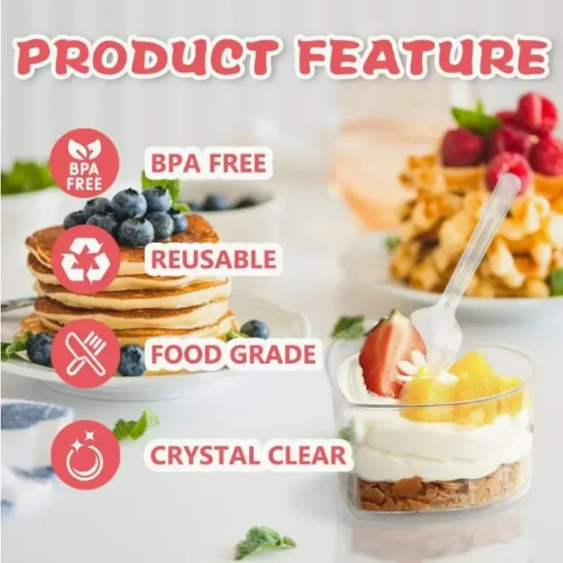 5/20x Disposable Plastic Cups with Lids Heart-shaped Clear Dessert Cup Pudding Container for Ice Cream Cake Fruit Yogurt Bowls