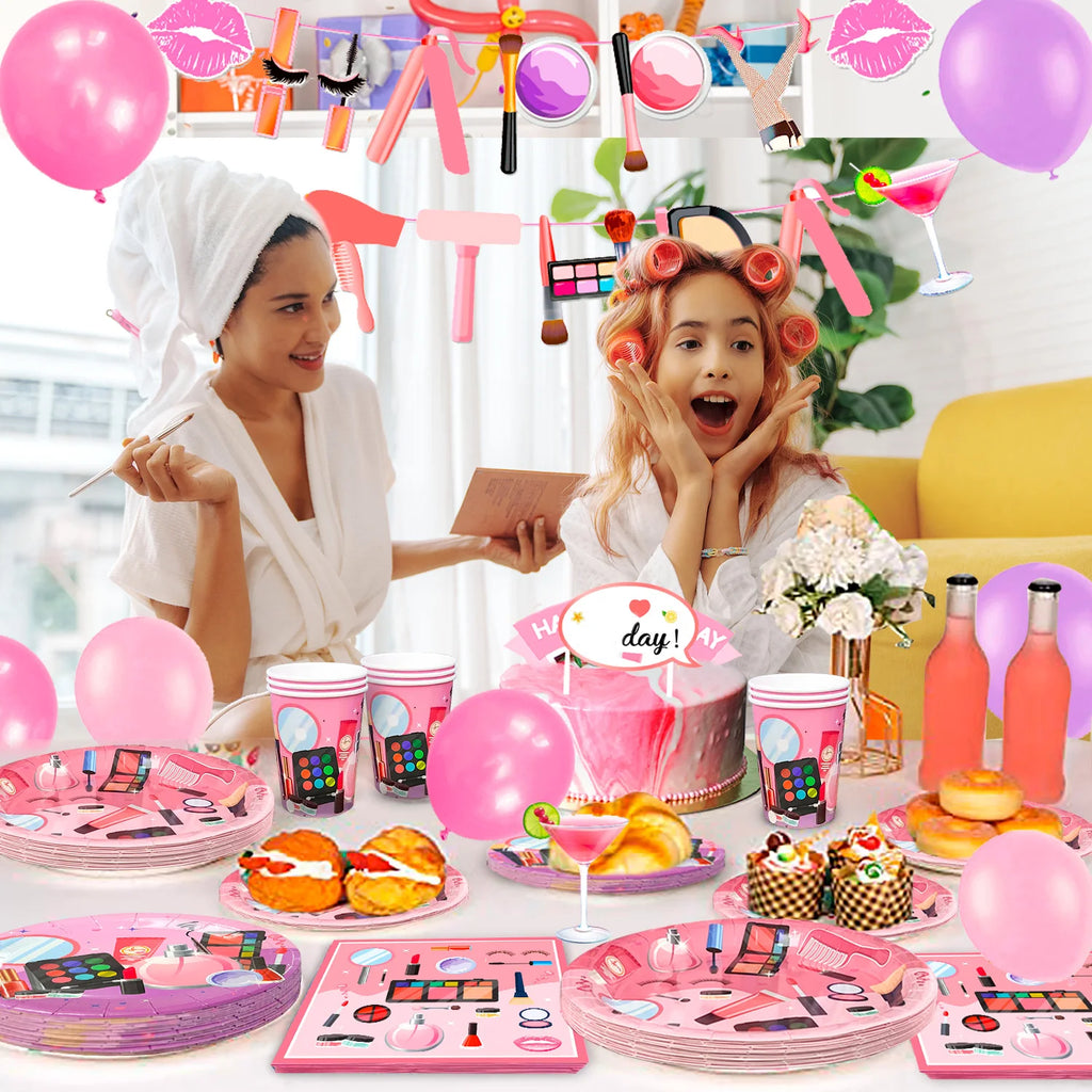 Make-up Birthday Party Supplies,103pcs Spa Party Decorations-Makeup Plates Banner Balloon etc Makeup Birthday Party Decorations