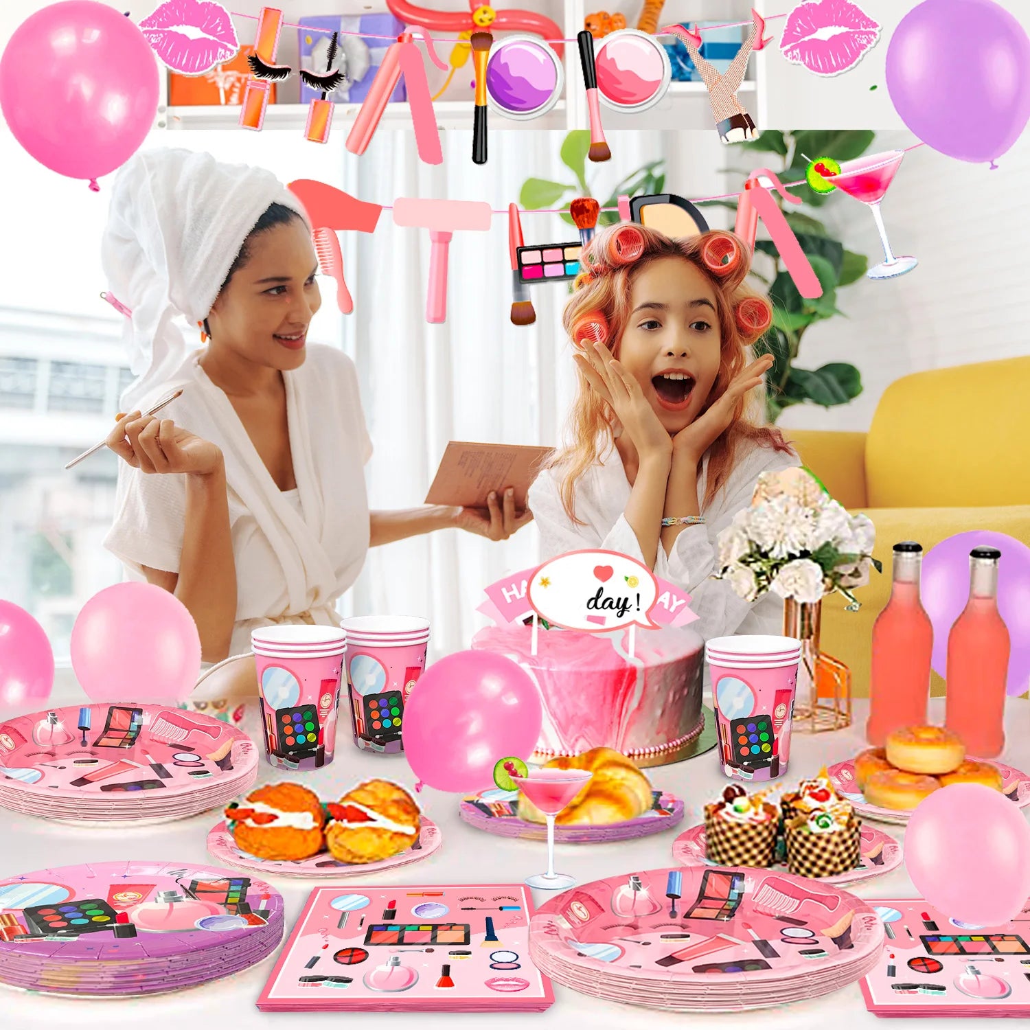 Make-up Birthday Party Supplies,103pcs Spa Party Decorations-Makeup Plates Banner Balloon etc Makeup Birthday Party Decorations