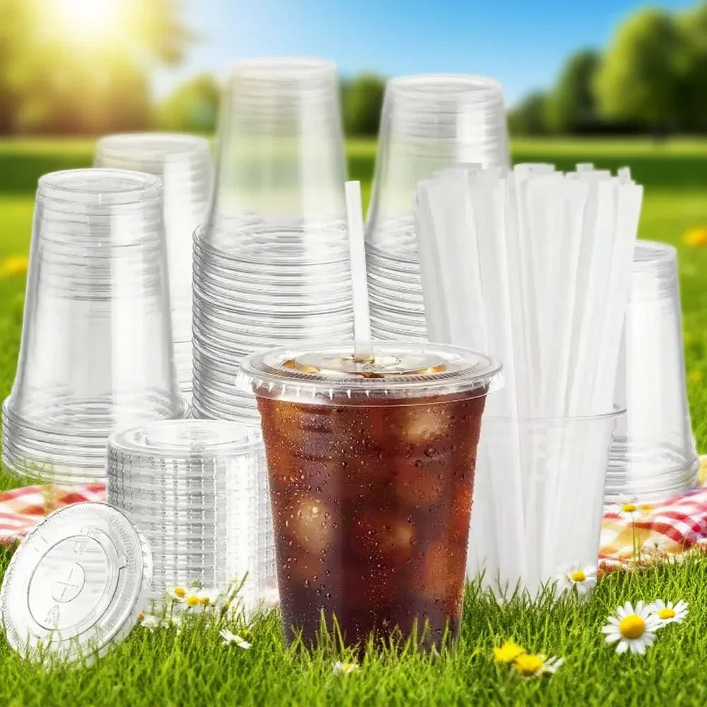 Disposable Plastic Cup With Lid, Perfect For Weddings, Birthdays, Parties, Camping, Smoothies, Milkshakes And Coffee