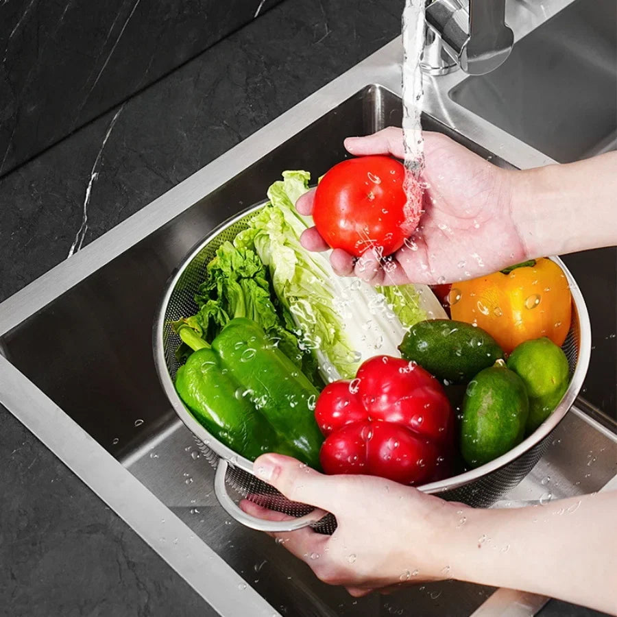 All Purpose Stainless Steel Fine Mesh Strainer Net Baskets with Handles Resting Base Colander Set Kitchen Supplies