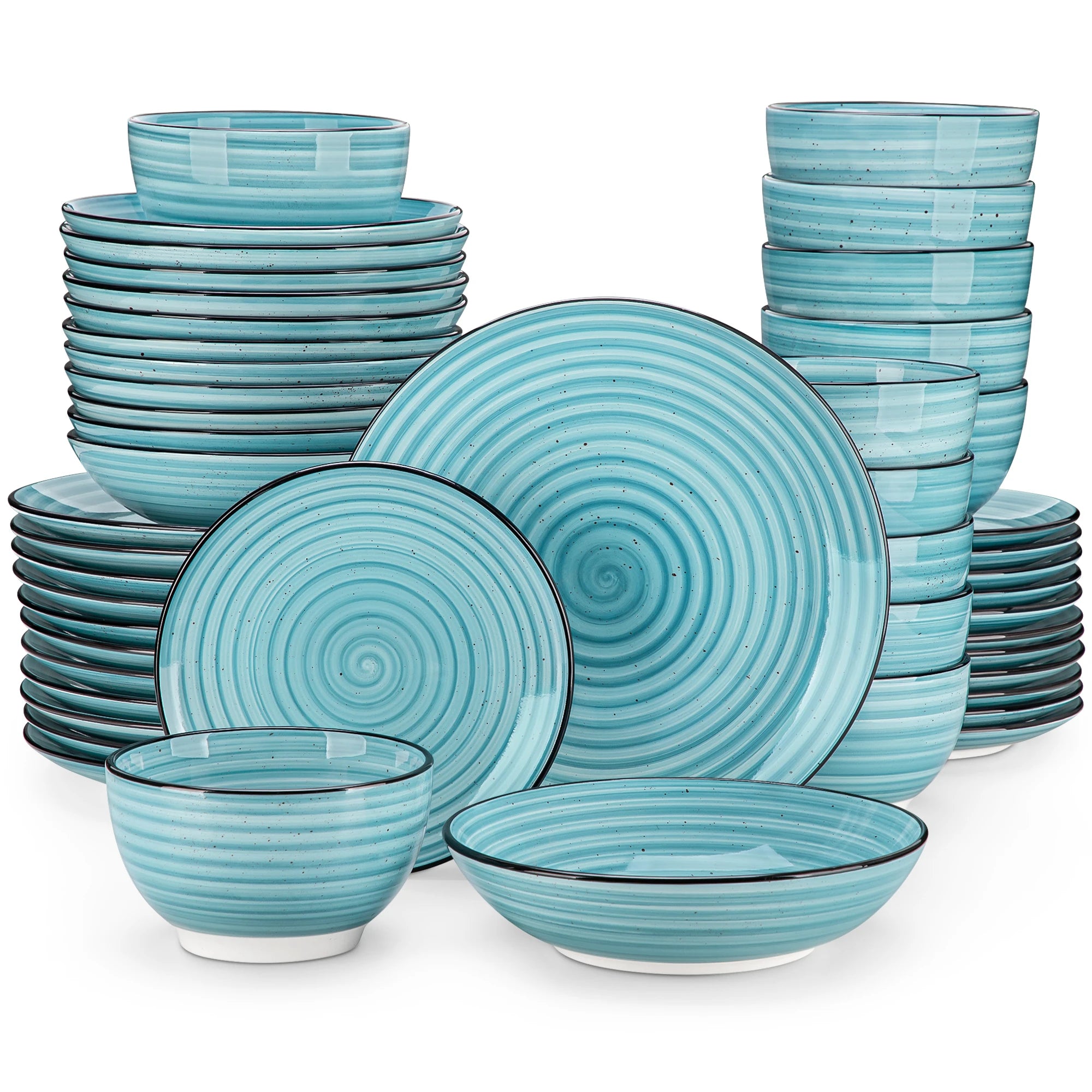 vancasso 24/48-teiliges blaues Geschirrset, beidseitig handbemalte Spiralen mit 6 Speise-/Dessert-/Suppentellern/Schalen