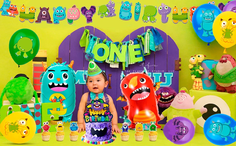 One-eyed monster Birthday Decorations,113 pcs One-eyed monster Party Supplies&Tableware Set-Plates Tablecloth Balloon Banner etc