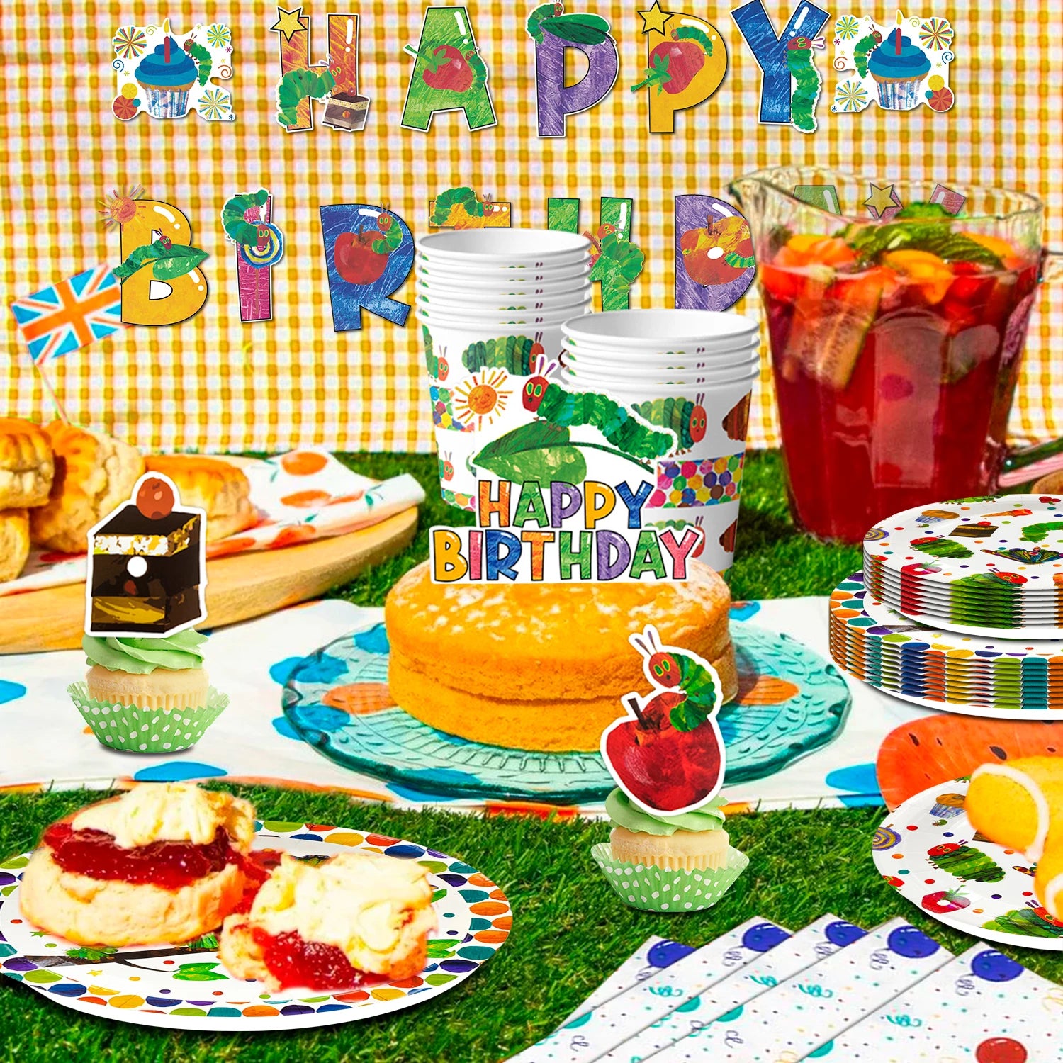 The Very Hungry Caterpillar Party Supplies,73pcs Hungry Caterpillar Birthday Decorations & Tableware Set-Plates Tablecloth etc