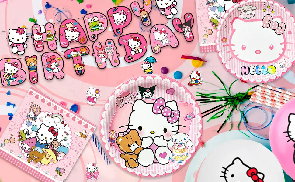 124 Pcs Sanrio Hello Kitty Party Decorations&Tableware-Kitty Plates Backdrop Balloon Banner etc Hello Kitty Birthday Decorations