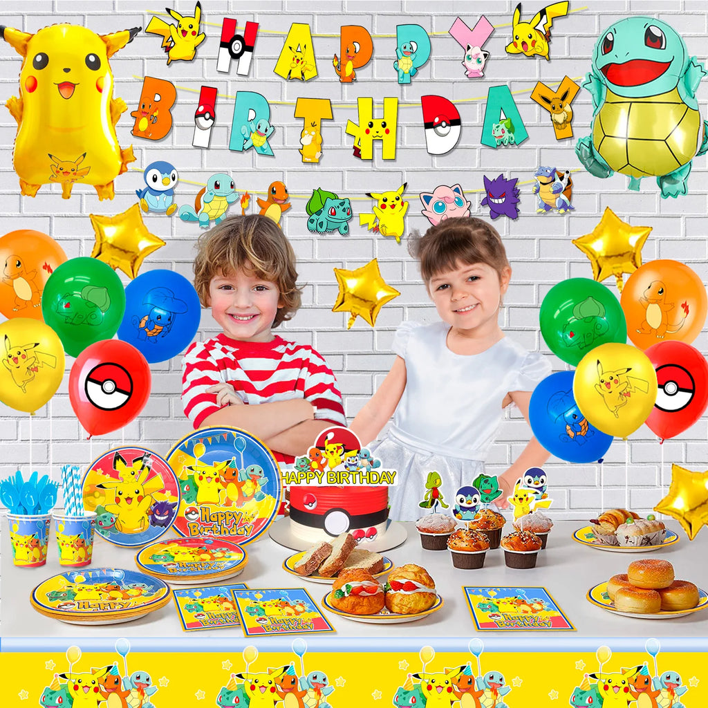 Pikachu Party Decorations,136pcs Pokemon Birthday Party Supplies-Banner Balloons Plates Napkins etc Pokemon Birthday Decorations