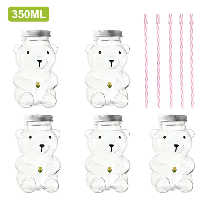 Plastic Bear Cup, Adorable Honeybear Mugs with Straws, Lidded Cups for Drinks