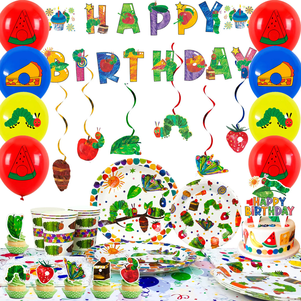 The Very Hungry Caterpillar Party Supplies,73pcs Hungry Caterpillar Birthday Decorations & Tableware Set-Plates Tablecloth etc