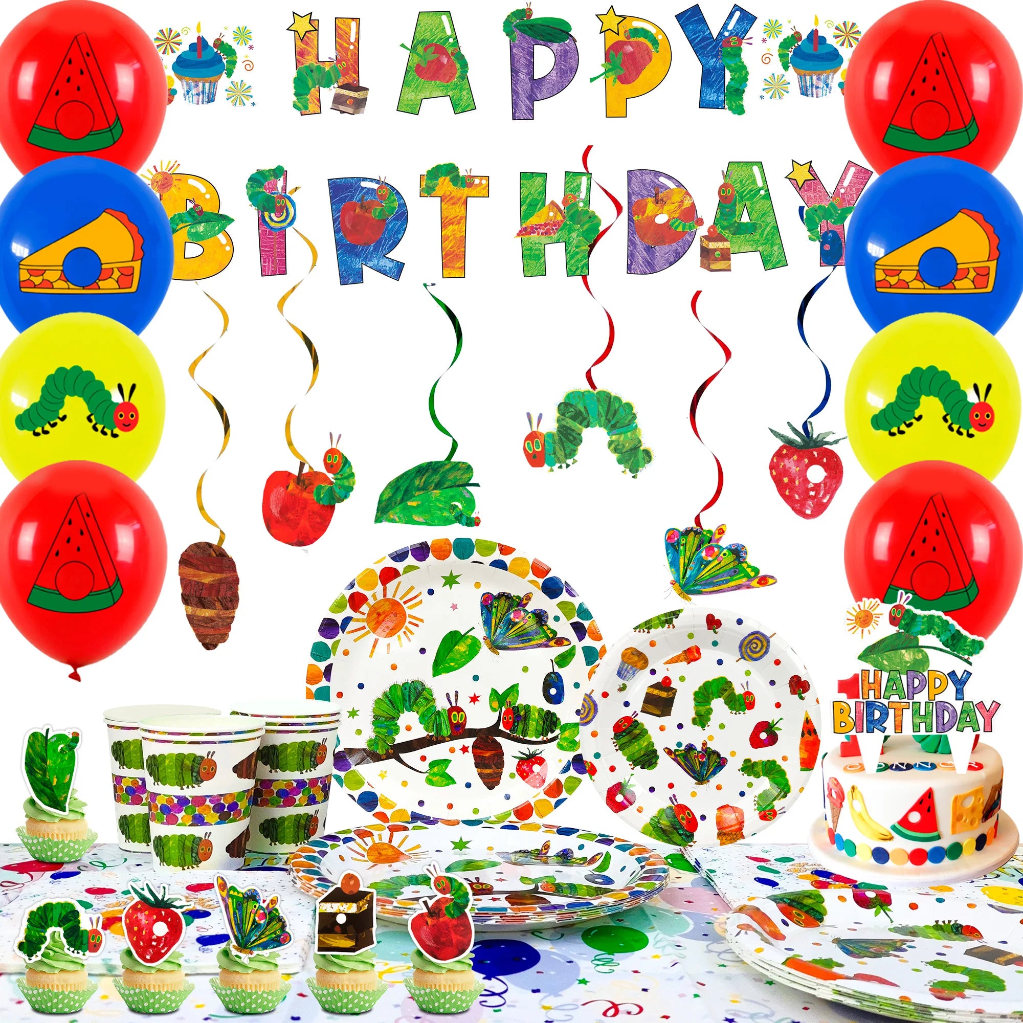 The Very Hungry Caterpillar Party Supplies,73pcs Hungry Caterpillar Birthday Decorations & Tableware Set-Plates Tablecloth etc