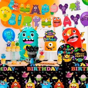 One-eyed monster Birthday Decorations,113 pcs One-eyed monster Party Supplies&Tableware Set-Plates Tablecloth Balloon Banner etc