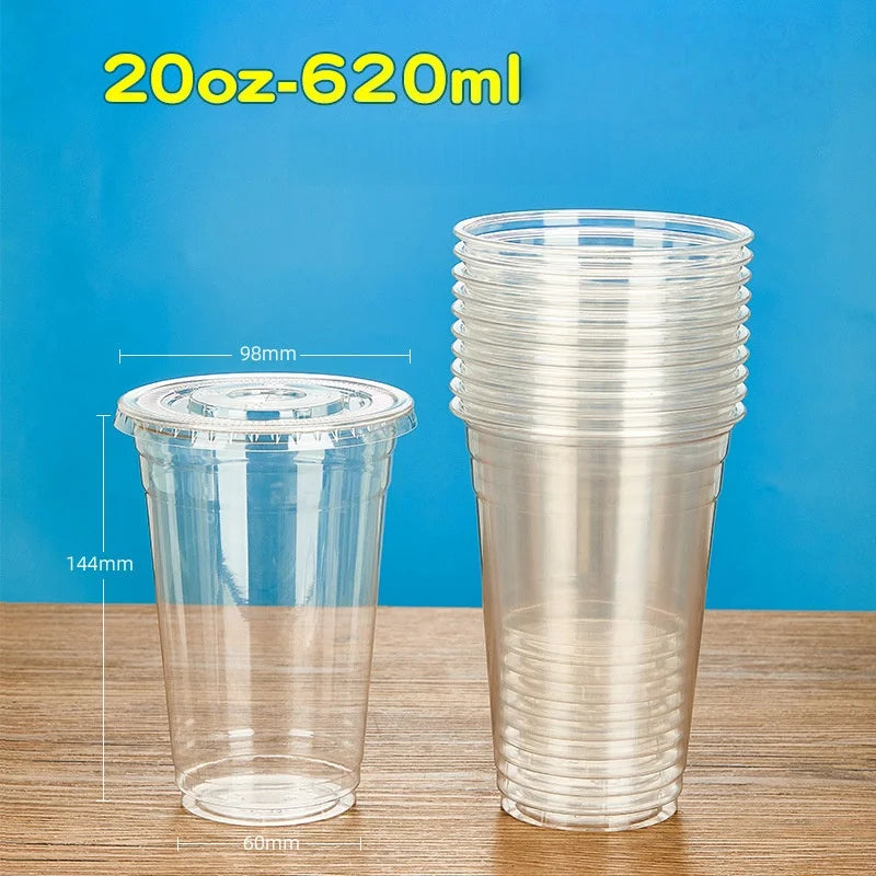50PCS Disposable Plastic Cups with Lid Takeaway Ice Coffee Cold Drink Water Cups Takeout Transparent Cups for Shop Picnic Party