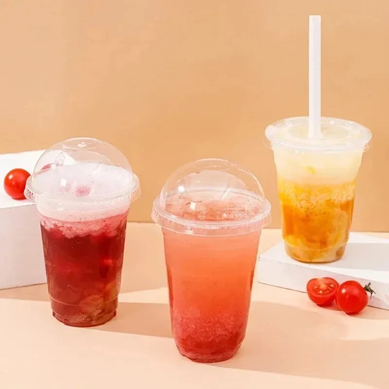 Plastic Disposable Cups with Lid Clear Cold Drink Containers for Fruit Juice Milk Tea Iced Coffee Ice Cream Dessert Party Café
