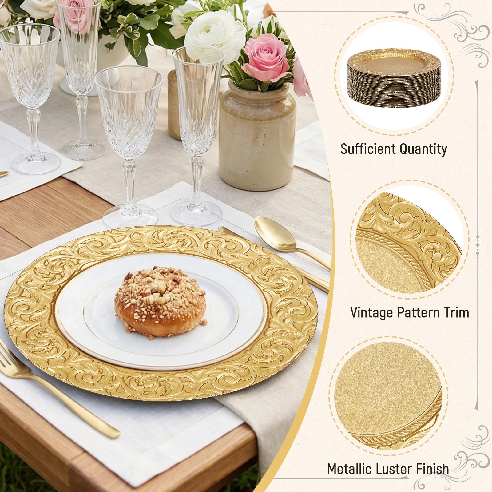 100 Pcs 13in Antique Charger Plates Bulk Plastic Decorative Service Plate with Embossed Rim for Dinner Wedding Party Event Table