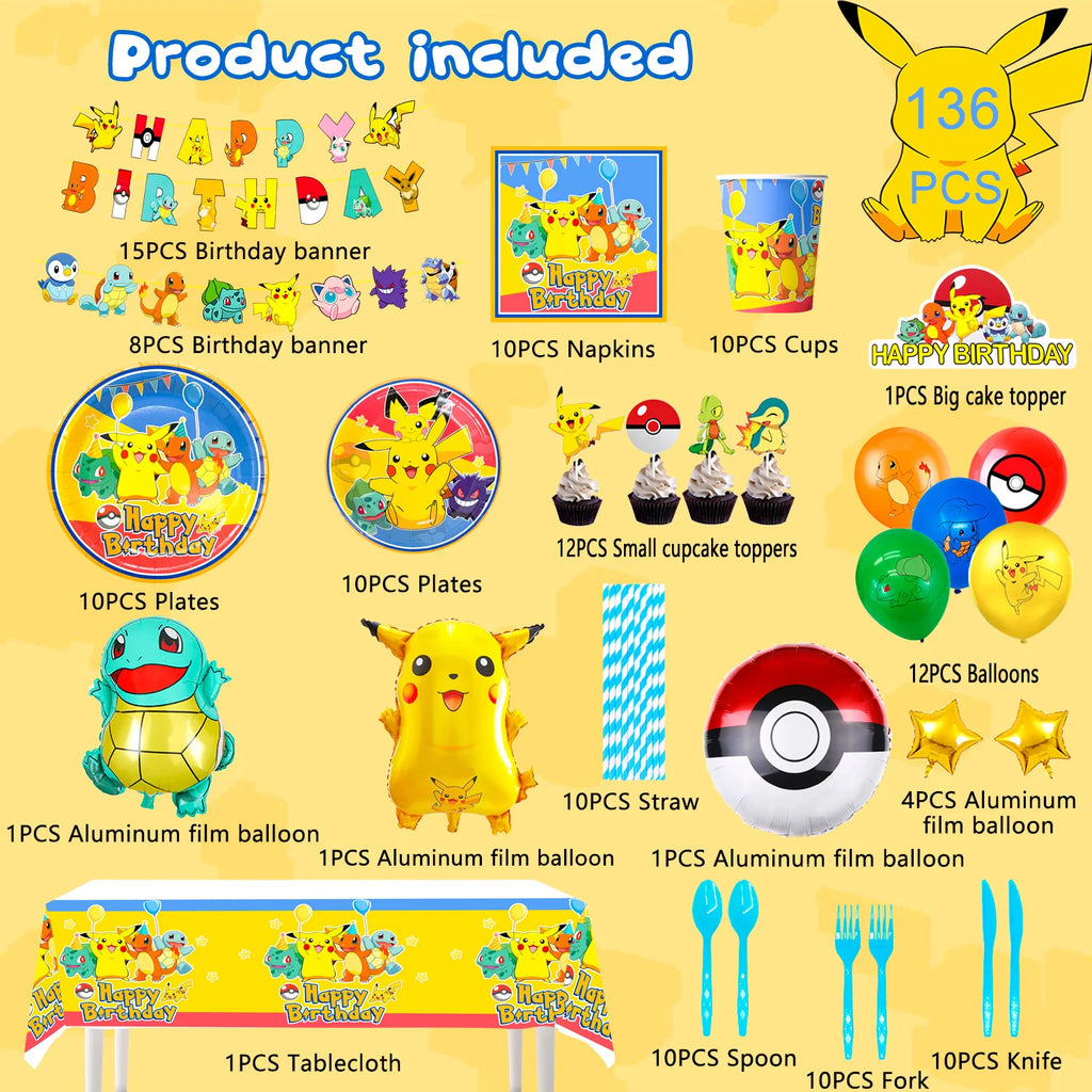 Pikachu Party Decorations,136pcs Pokemon Birthday Party Supplies-Banner Balloons Plates Napkins etc Pokemon Birthday Decorations