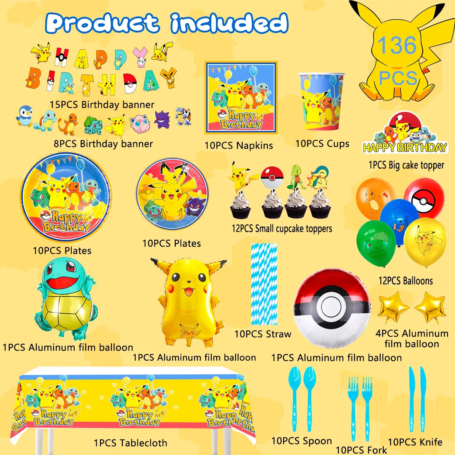 Pikachu Party Decorations,136pcs Pokemon Birthday Party Supplies-Banner Balloons Plates Napkins etc Pokemon Birthday Decorations