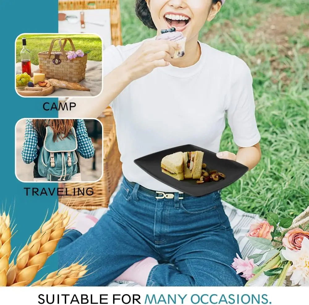 56-piece With Flatware Kitchen Plastic Wheat Straw Square Dinnerware Set for 8, Unbreakable Dinner Plates, Snack Bowls, Tumblers