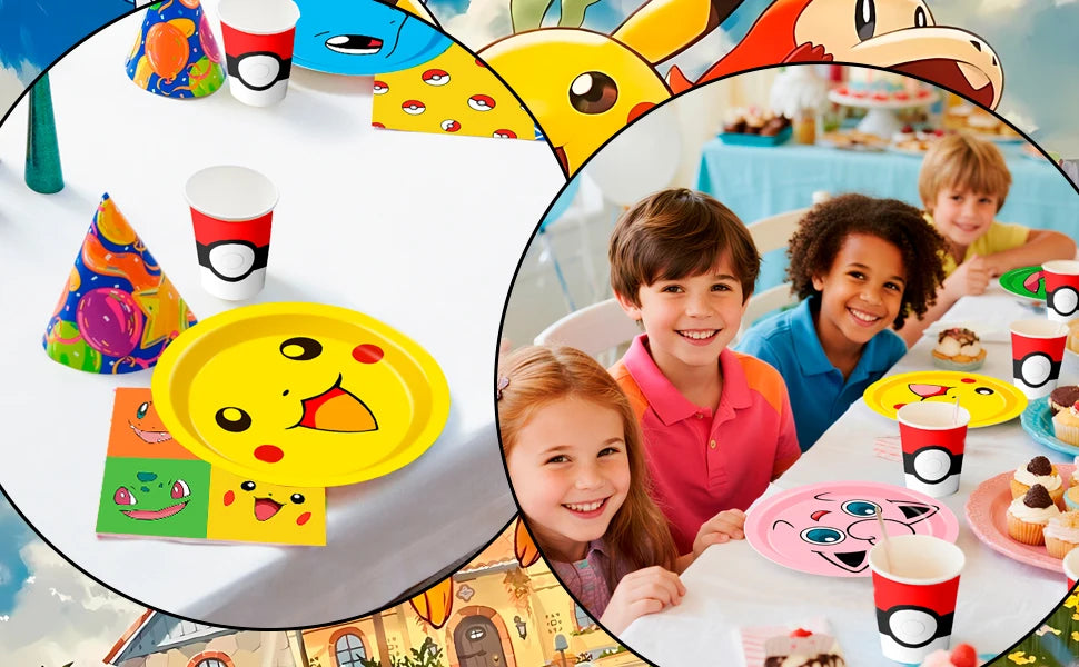 Pokemon Party Supplies,120 Pcs Pokemon Birthday Party Tableware Set-Pokemon Plates Napkins Cups etc Pokemon Birthday Decorations