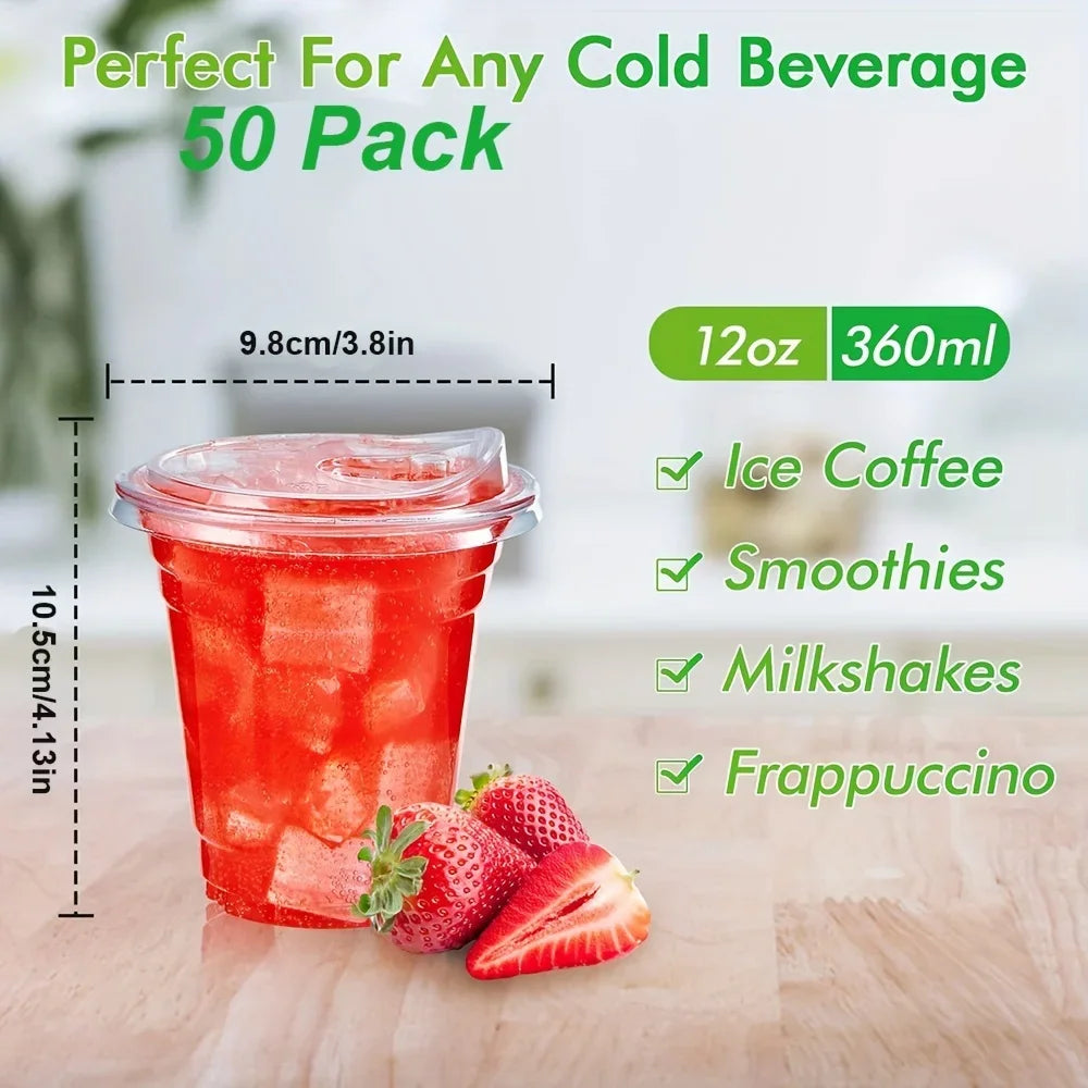 50Set Plastic Drinking Cups with Strawless Sip Lids, Disposable Cups for Cold Drinks, BPA Free - for Christmas, Halloween, Party