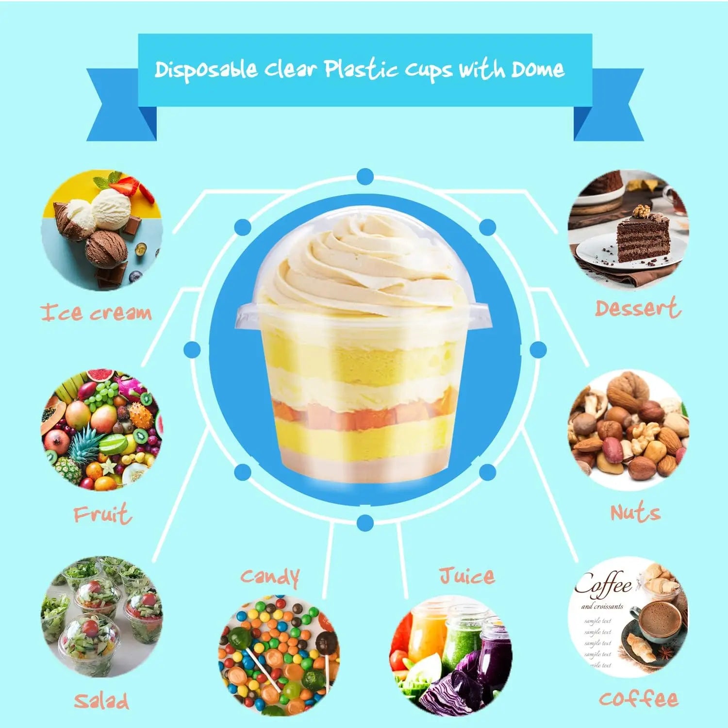 50 disposable transparent plastic cups with dome lids, used for dessert cups and disposable snack bowls