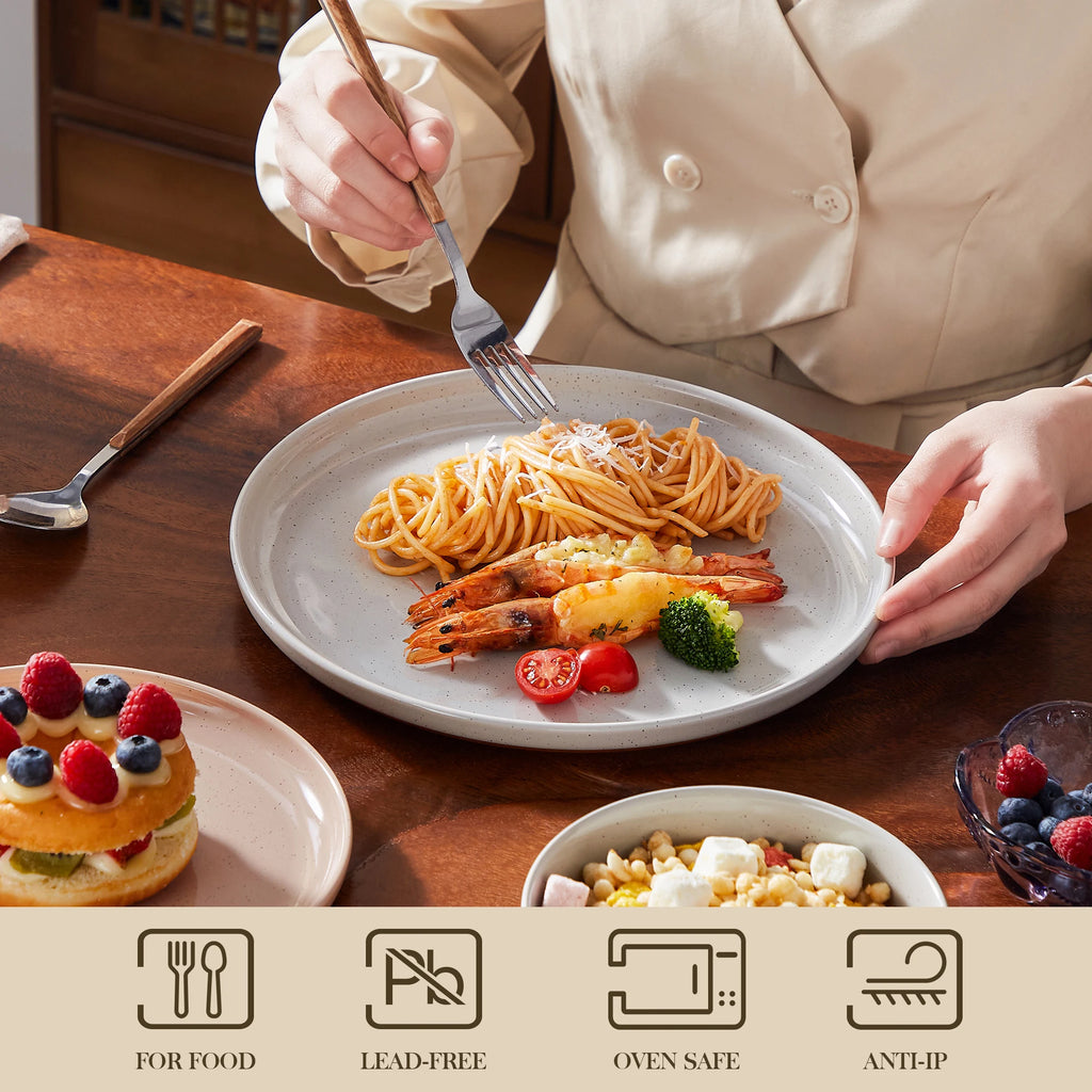 MALACASA TARA 12/24ピース食器セット 曲線エッジ ごま釉せっ器プレートセット ディナープレート/デザート/ボウル 各4/6個