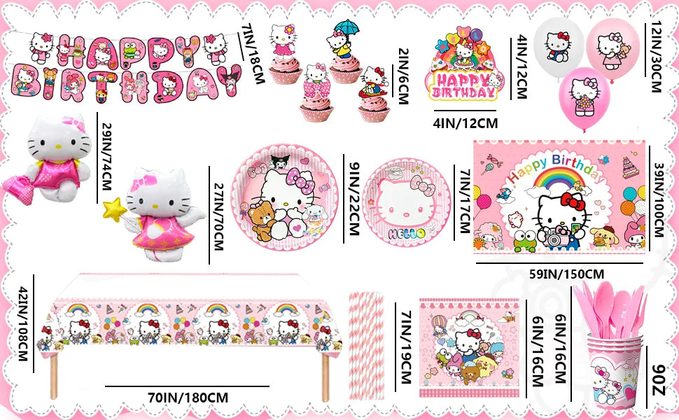 124 Pcs Sanrio Hello Kitty Party Decorations&Tableware-Kitty Plates Backdrop Balloon Banner etc Hello Kitty Birthday Decorations