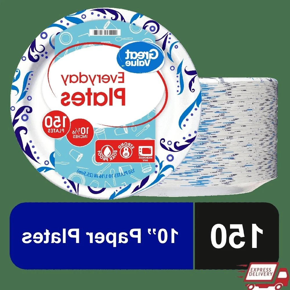 Everyday Disposable Paper Plates 10 Inch 150 Count Strong Soak Proof Microwave Safe Round Plates Ideal Parties and Gatherings
