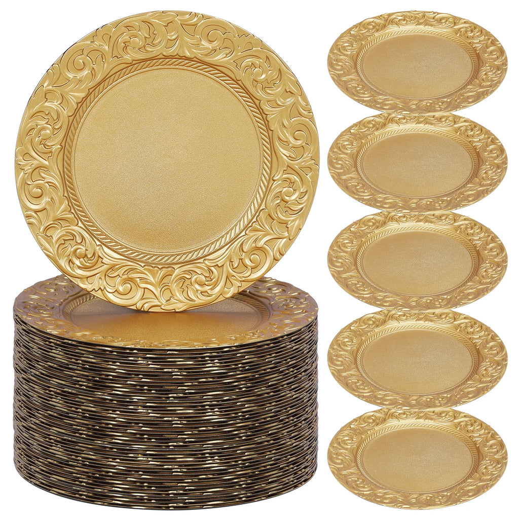 100 Pcs 13in Antique Charger Plates Bulk Plastic Decorative Service Plate with Embossed Rim for Dinner Wedding Party Event Table