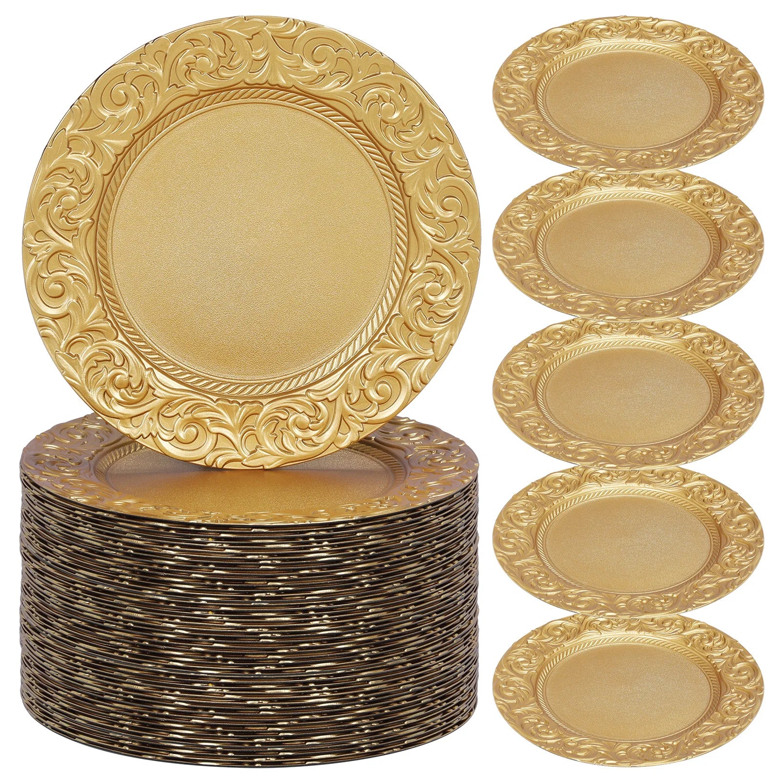 100 Pcs 13in Antique Charger Plates Bulk Plastic Decorative Service Plate with Embossed Rim for Dinner Wedding Party Event Table